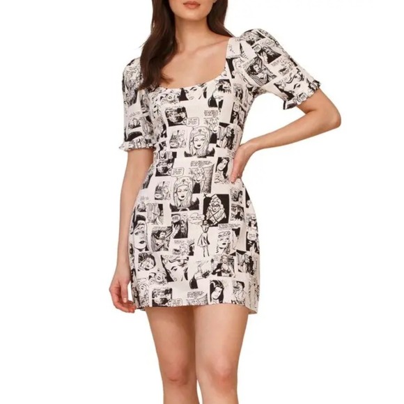 Reformation Dresses & Skirts - Reformation Temecula Womens 4 Comic Book Print Linen Mini Dress Puff Sleeve